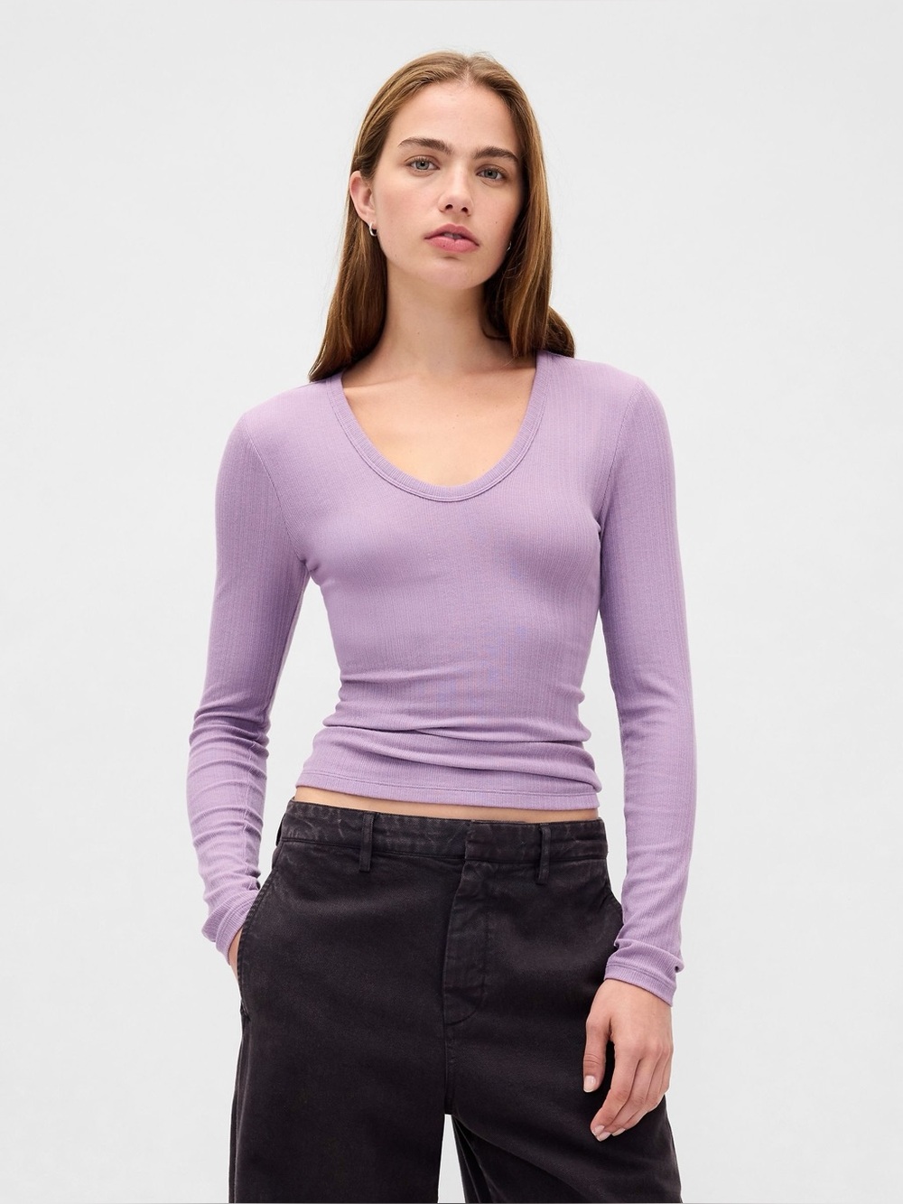 Gap Modern Purple Long Sleeve Sheer Ribbed T-Shirt Lavender